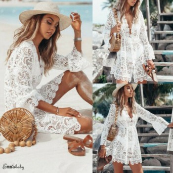  New Summer Women Bikini Cover Up Floral Lace Hollow Crochet Swimsuit Cover-Ups Bathing Suit Beachwear 